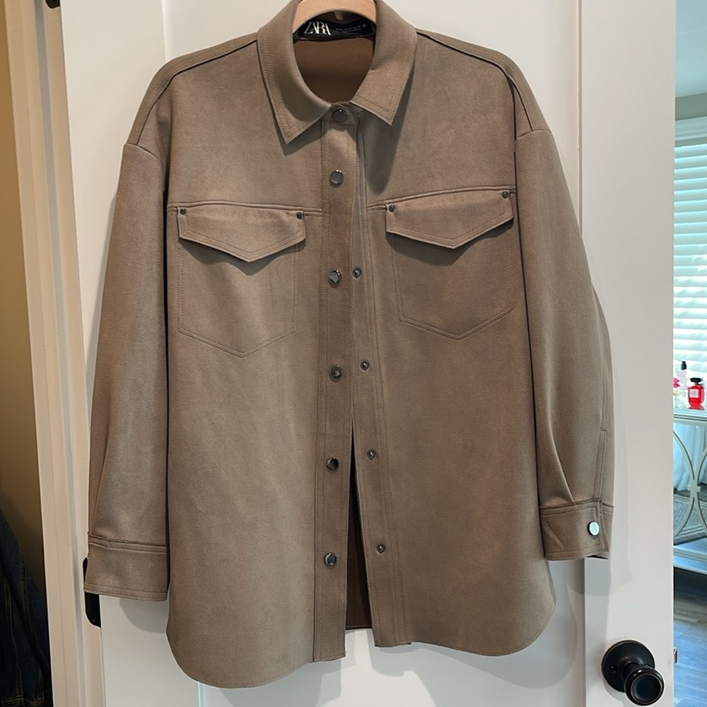 Zara Brown Taupe Suede Overshirt Jacket